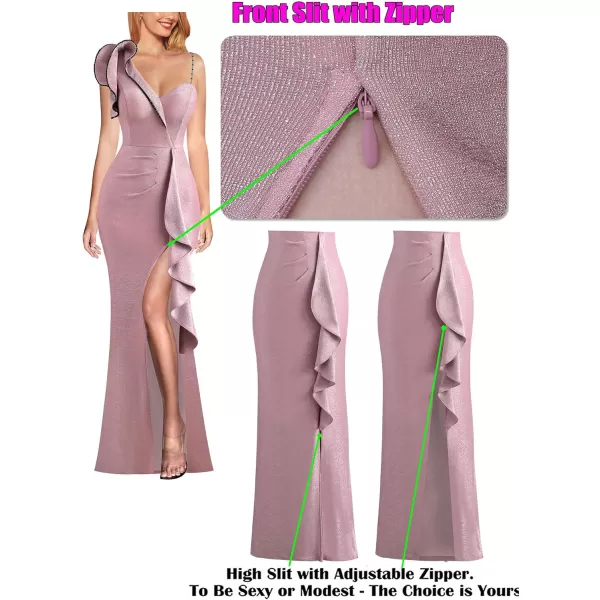 VFSHOW Womens Formal Prom Elegant Ruffle One Shoulder Beaded Strap Ruched Slit Maxi Dress Wedding Evening Long GownSparkly Dusty Pink