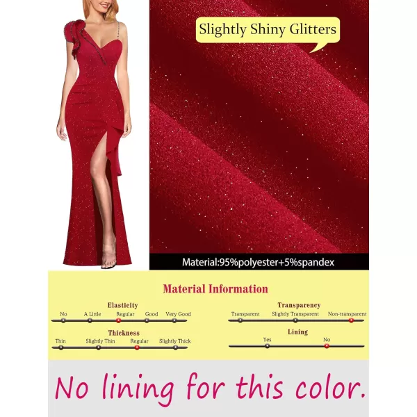 VFSHOW Womens Formal Prom Elegant Ruffle One Shoulder Beaded Strap Ruched Slit Maxi Dress Wedding Evening Long GownSparkly Red