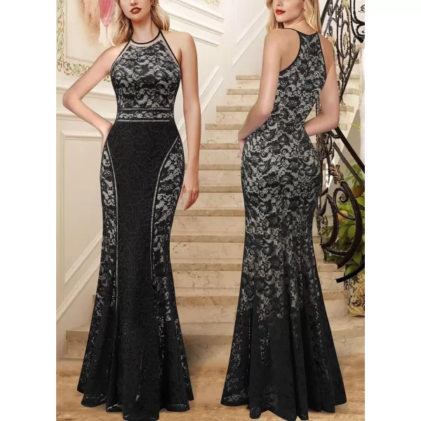 VFSHOW Womens Formal Prom Halter Floral Lace Wedding Guest Mermaid Maxi Dress 2024 Sexy Elegant Long Cocktail Evening GownBlack Floral Lace