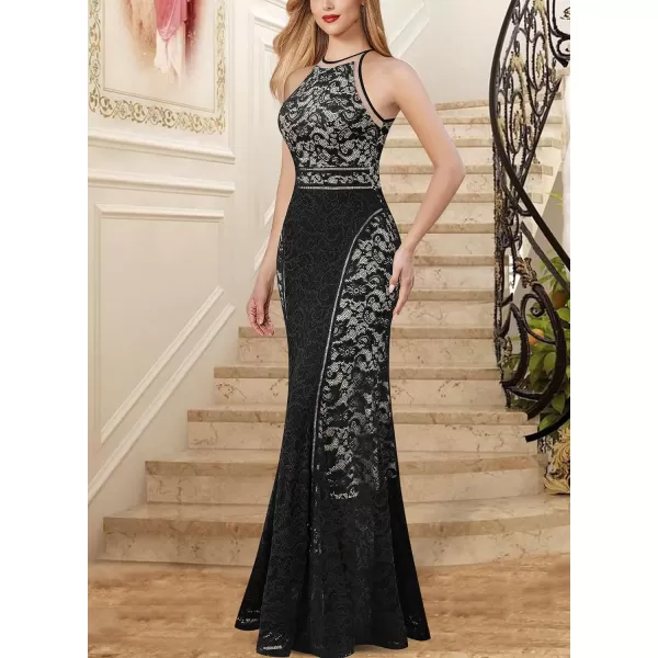 VFSHOW Womens Formal Prom Halter Floral Lace Wedding Guest Mermaid Maxi Dress 2024 Sexy Elegant Long Cocktail Evening GownBlack Floral Lace