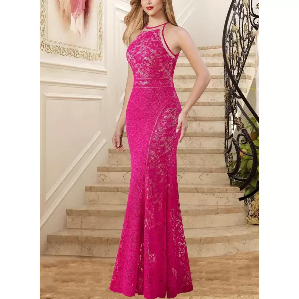 VFSHOW Womens Formal Prom Halter Floral Lace Wedding Guest Mermaid Maxi Dress 2024 Sexy Elegant Long Cocktail Evening GownHot Pink Floral Lace