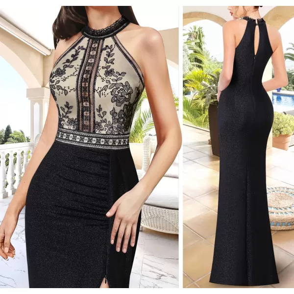 VFSHOW Womens Formal Prom Halter Neck Embroidery Ruched Keyhole Back Maxi Dress 2024 High Split Long Cocktail Evening GownBlack With Black Embroidery