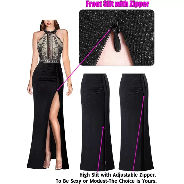 VFSHOW Womens Formal Prom Halter Neck Embroidery Ruched Keyhole Back Maxi Dress 2024 High Split Long Cocktail Evening GownBlack With Black Embroidery