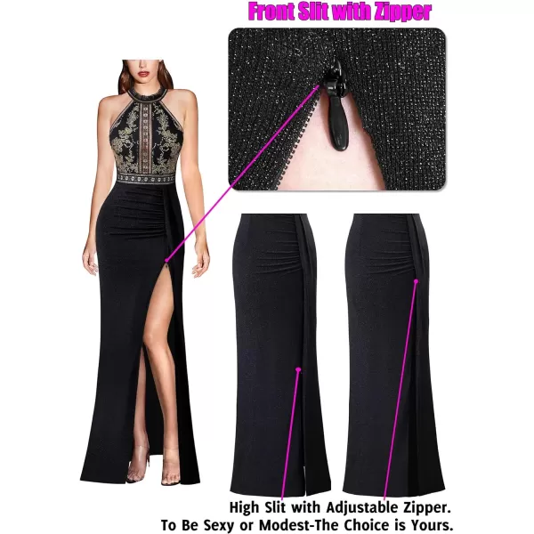 VFSHOW Womens Formal Prom Halter Neck Embroidery Ruched Keyhole Back Maxi Dress 2024 High Split Long Cocktail Evening GownBlack With Gold Embroidery