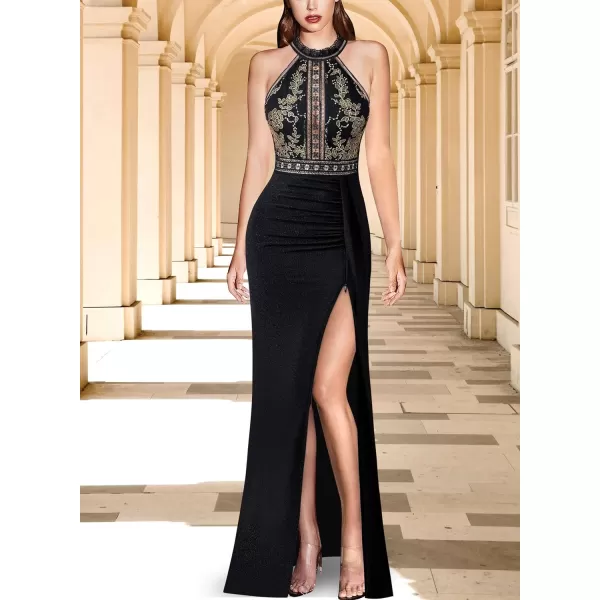 VFSHOW Womens Formal Prom Halter Neck Embroidery Ruched Keyhole Back Maxi Dress 2024 High Split Long Cocktail Evening GownBlack With Gold Embroidery