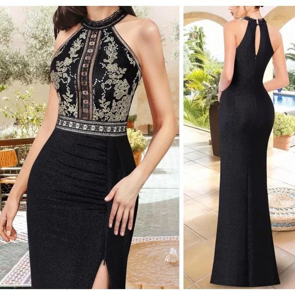 VFSHOW Womens Formal Prom Halter Neck Embroidery Ruched Keyhole Back Maxi Dress 2024 High Split Long Cocktail Evening GownBlack With Gold Embroidery