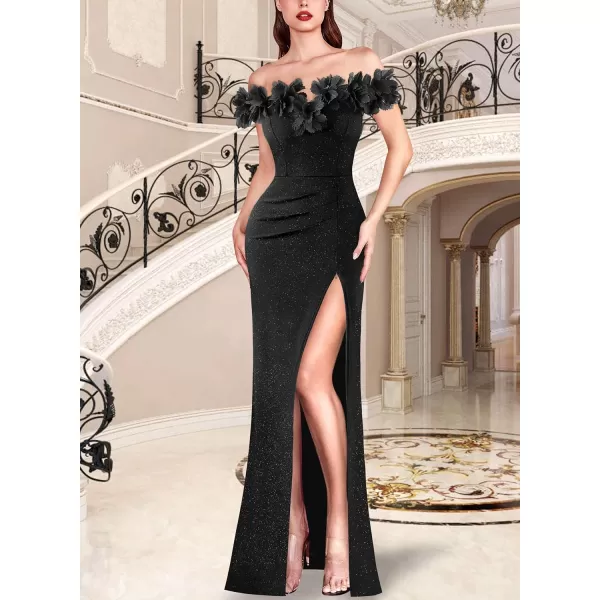 VFSHOW Womens Formal Prom Off Shoulder 3D Flowers Ruched Wedding Guest Maxi Dress 2024 Sexy High Slit Cocktail Evening GownSparkly Black