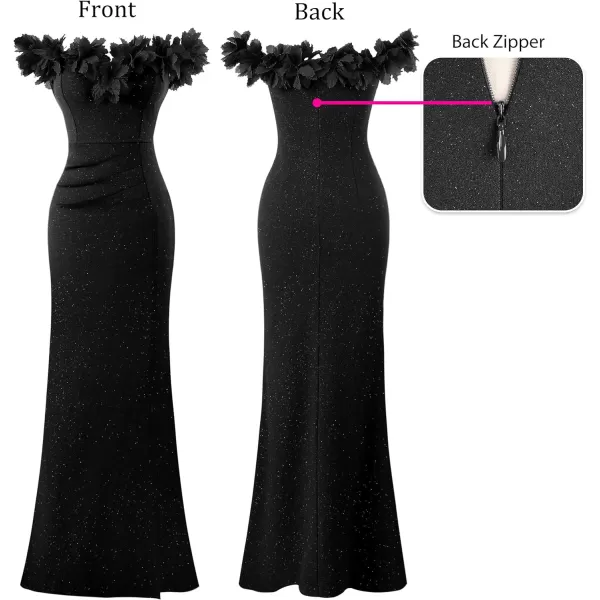 VFSHOW Womens Formal Prom Off Shoulder 3D Flowers Ruched Wedding Guest Maxi Dress 2024 Sexy High Slit Cocktail Evening GownSparkly Black