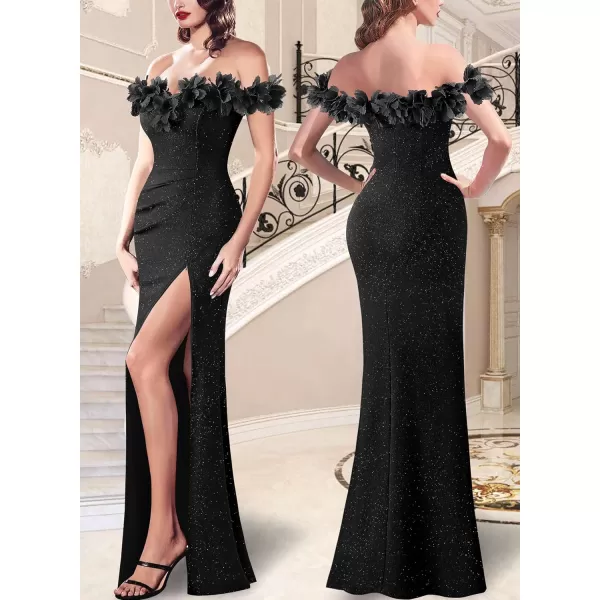 VFSHOW Womens Formal Prom Off Shoulder 3D Flowers Ruched Wedding Guest Maxi Dress 2024 Sexy High Slit Cocktail Evening GownSparkly Black