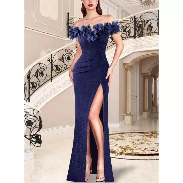 VFSHOW Womens Formal Prom Off Shoulder 3D Flowers Ruched Wedding Guest Maxi Dress 2024 Sexy High Slit Cocktail Evening GownSparkly Navy Blue