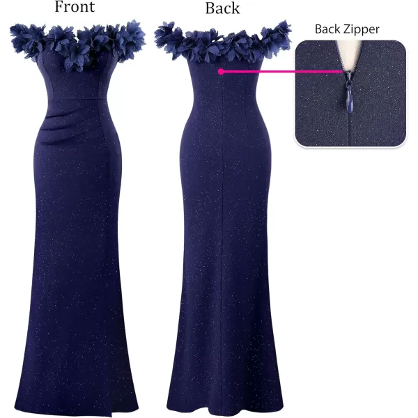 VFSHOW Womens Formal Prom Off Shoulder 3D Flowers Ruched Wedding Guest Maxi Dress 2024 Sexy High Slit Cocktail Evening GownSparkly Navy Blue