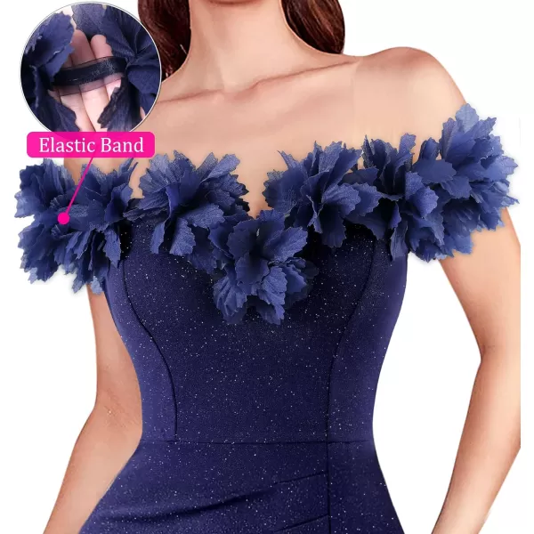 VFSHOW Womens Formal Prom Off Shoulder 3D Flowers Ruched Wedding Guest Maxi Dress 2024 Sexy High Slit Cocktail Evening GownSparkly Navy Blue