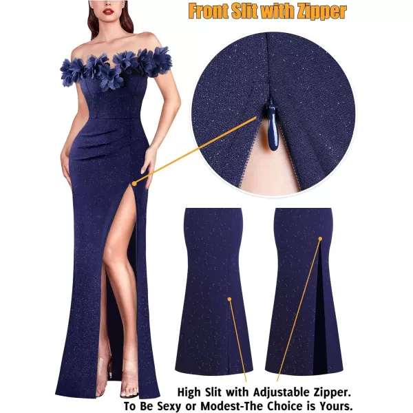 VFSHOW Womens Formal Prom Off Shoulder 3D Flowers Ruched Wedding Guest Maxi Dress 2024 Sexy High Slit Cocktail Evening GownSparkly Navy Blue