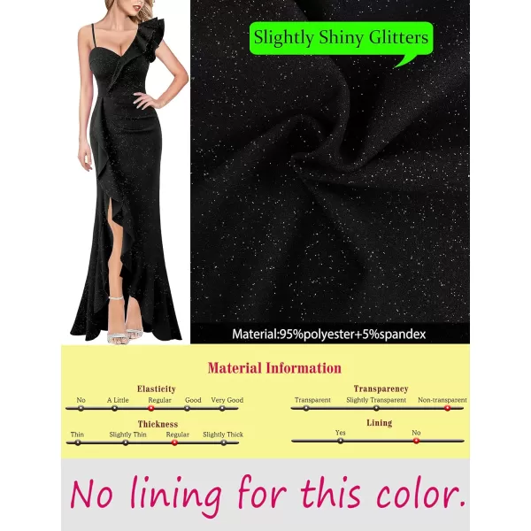 VFSHOW Womens Formal Prom One Shoulder Strap Ruched Ruffle Split Maxi Dress 2023 Sexy V Neck Wedding Guest Evening Long Gown1sparkly Black