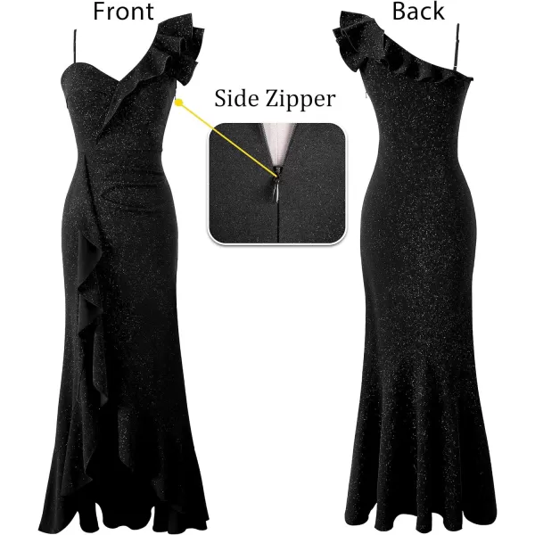 VFSHOW Womens Formal Prom One Shoulder Strap Ruched Ruffle Split Maxi Dress 2023 Sexy V Neck Wedding Guest Evening Long Gown1sparkly Black