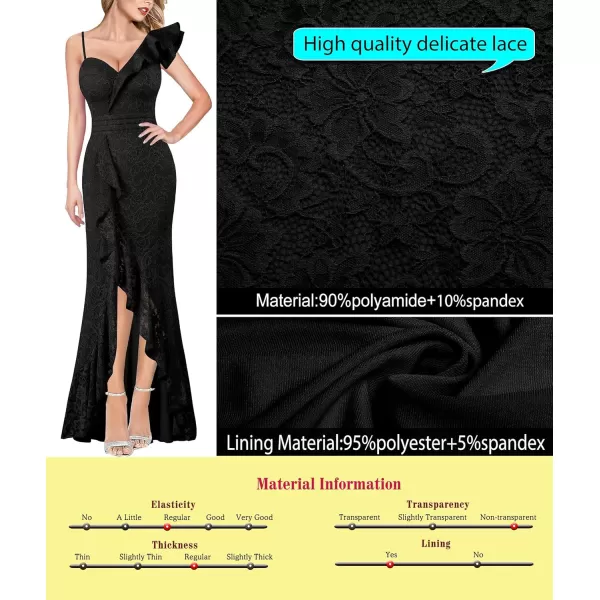 VFSHOW Womens Formal Prom One Shoulder Strap Ruched Ruffle Split Maxi Dress 2023 Sexy V Neck Wedding Guest Evening Long GownBlack Floral Lace