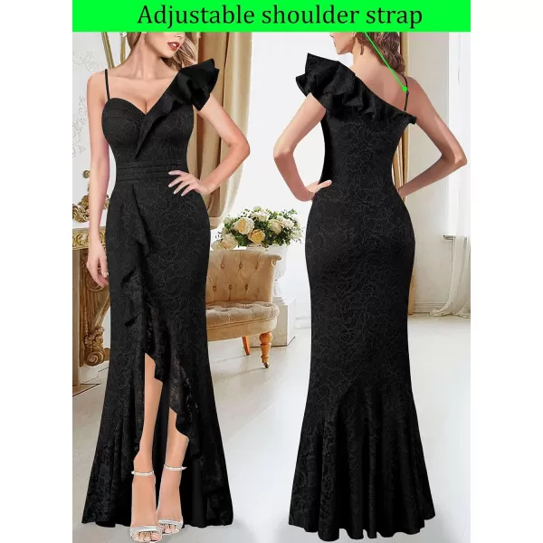 VFSHOW Womens Formal Prom One Shoulder Strap Ruched Ruffle Split Maxi Dress 2023 Sexy V Neck Wedding Guest Evening Long GownBlack Floral Lace