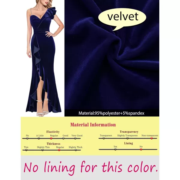 VFSHOW Womens Formal Prom One Shoulder Strap Ruched Ruffle Split Maxi Dress 2023 Sexy V Neck Wedding Guest Evening Long GownDark Blue Velvet