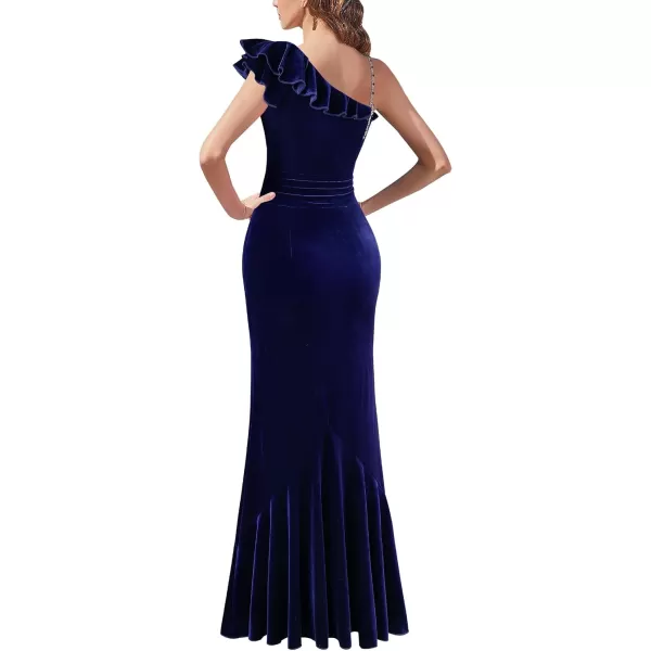 VFSHOW Womens Formal Prom One Shoulder Strap Ruched Ruffle Split Maxi Dress 2023 Sexy V Neck Wedding Guest Evening Long GownDark Blue Velvet