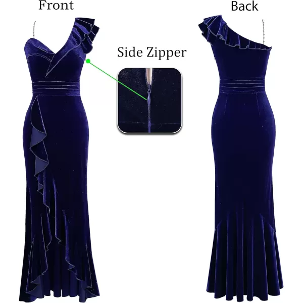 VFSHOW Womens Formal Prom One Shoulder Strap Ruched Ruffle Split Maxi Dress 2023 Sexy V Neck Wedding Guest Evening Long GownDark Blue Velvet