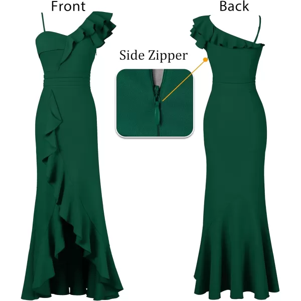 VFSHOW Womens Formal Prom One Shoulder Strap Ruched Ruffle Split Maxi Dress 2023 Sexy V Neck Wedding Guest Evening Long GownDark Green