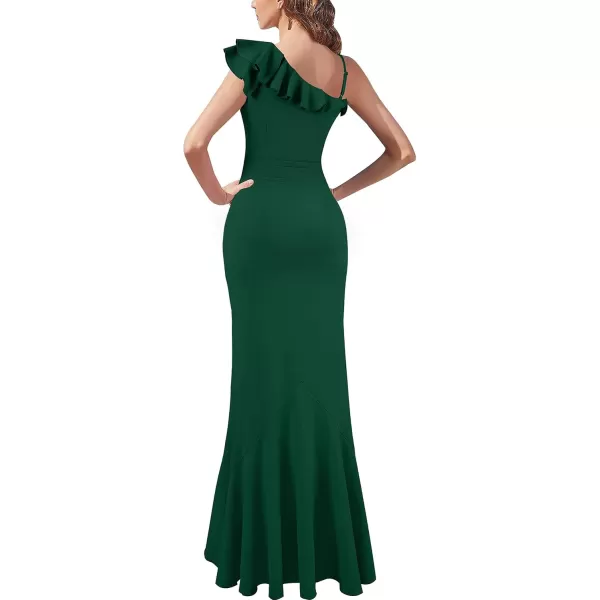 VFSHOW Womens Formal Prom One Shoulder Strap Ruched Ruffle Split Maxi Dress 2023 Sexy V Neck Wedding Guest Evening Long GownDark Green