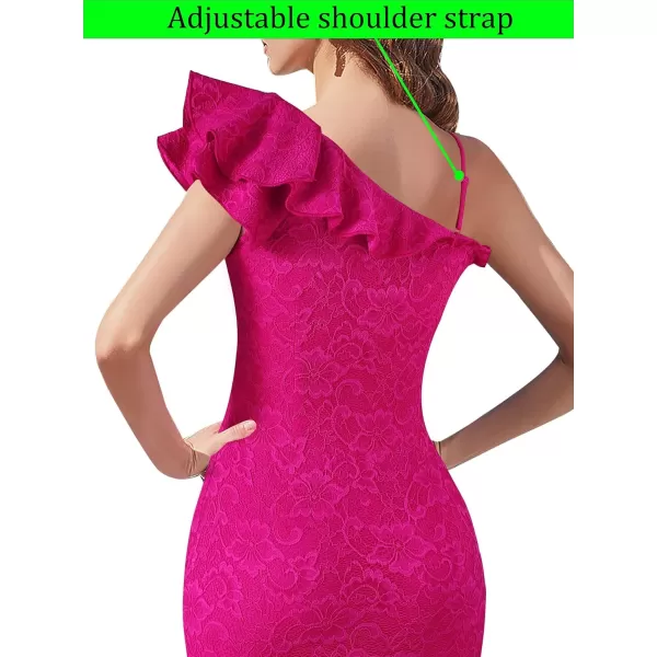 VFSHOW Womens Formal Prom One Shoulder Strap Ruched Ruffle Split Maxi Dress 2023 Sexy V Neck Wedding Guest Evening Long GownHot Pink Floral Lace