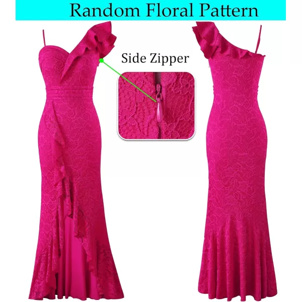 VFSHOW Womens Formal Prom One Shoulder Strap Ruched Ruffle Split Maxi Dress 2023 Sexy V Neck Wedding Guest Evening Long GownHot Pink Floral Lace