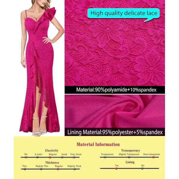 VFSHOW Womens Formal Prom One Shoulder Strap Ruched Ruffle Split Maxi Dress 2023 Sexy V Neck Wedding Guest Evening Long GownHot Pink Floral Lace