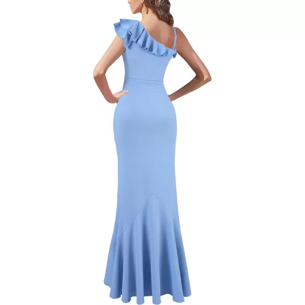 VFSHOW Womens Formal Prom One Shoulder Strap Ruched Ruffle Split Maxi Dress 2023 Sexy V Neck Wedding Guest Evening Long GownLight Blue