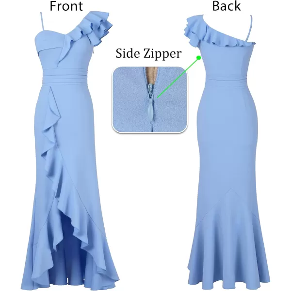 VFSHOW Womens Formal Prom One Shoulder Strap Ruched Ruffle Split Maxi Dress 2023 Sexy V Neck Wedding Guest Evening Long GownLight Blue