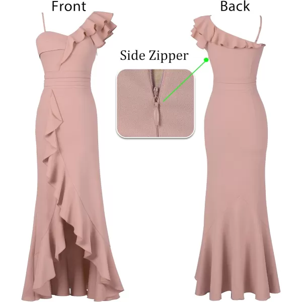 VFSHOW Womens Formal Prom One Shoulder Strap Ruched Ruffle Split Maxi Dress 2023 Sexy V Neck Wedding Guest Evening Long GownPink