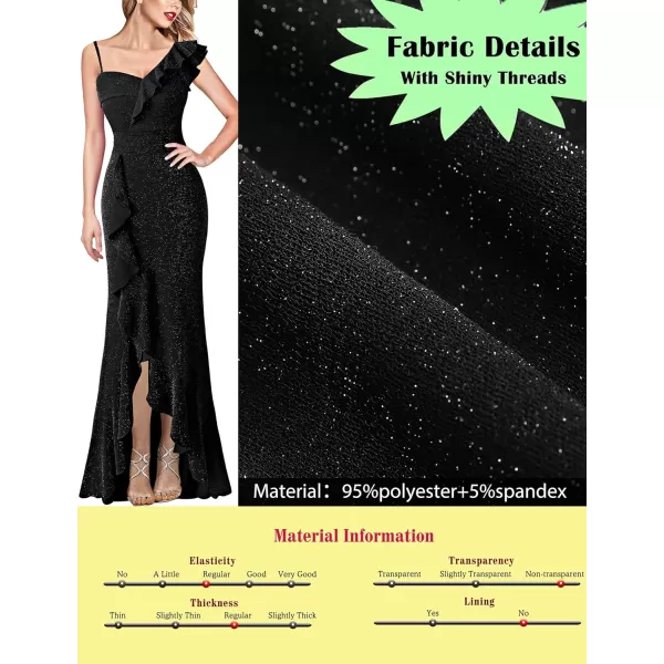 VFSHOW Womens Formal Prom One Shoulder Strap Ruched Ruffle Split Maxi Dress 2023 Sexy V Neck Wedding Guest Evening Long GownShiny Black5