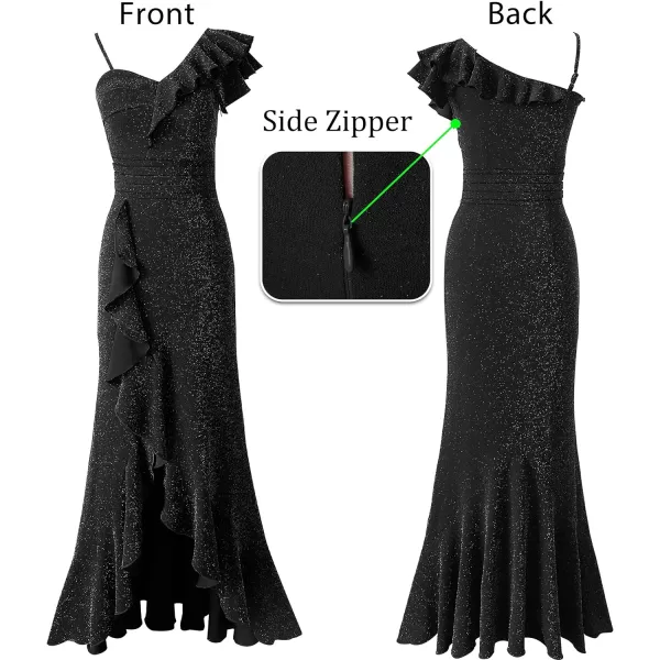 VFSHOW Womens Formal Prom One Shoulder Strap Ruched Ruffle Split Maxi Dress 2023 Sexy V Neck Wedding Guest Evening Long GownShiny Black5