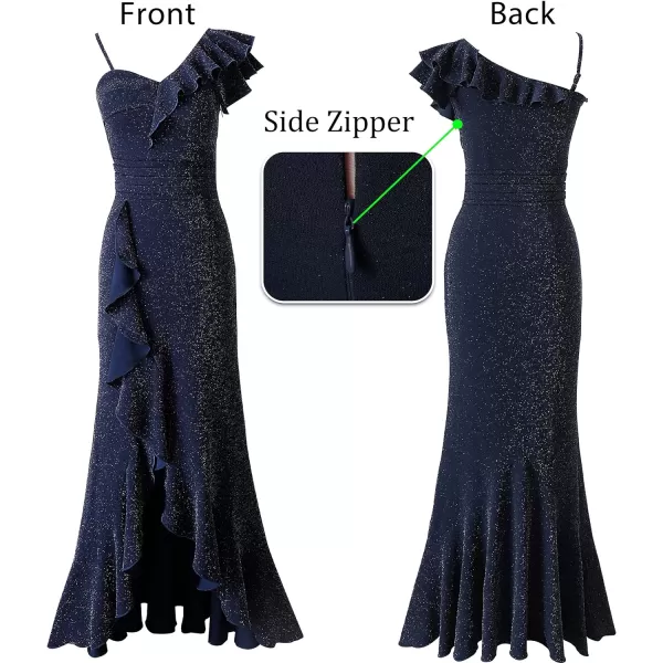 VFSHOW Womens Formal Prom One Shoulder Strap Ruched Ruffle Split Maxi Dress 2023 Sexy V Neck Wedding Guest Evening Long GownShiny Navy Blue5