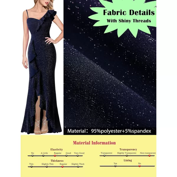 VFSHOW Womens Formal Prom One Shoulder Strap Ruched Ruffle Split Maxi Dress 2023 Sexy V Neck Wedding Guest Evening Long GownShiny Navy Blue5