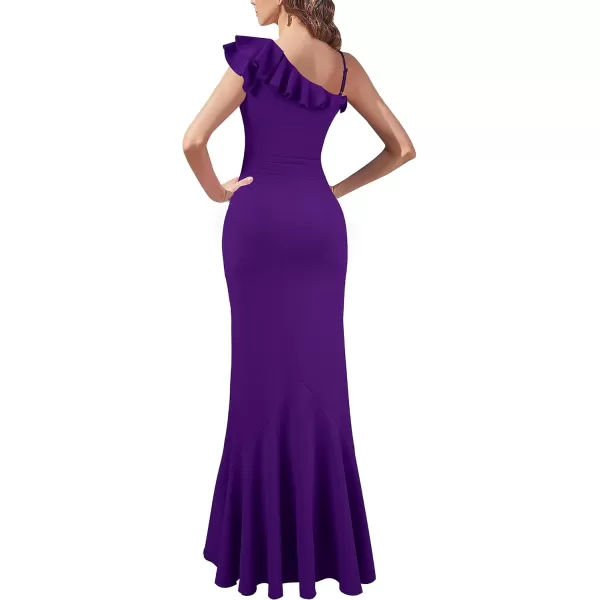 VFSHOW Womens Formal Prom One Shoulder Strap Ruched Ruffle Split Maxi Dress 2023 Sexy V Neck Wedding Guest Evening Long GownSolid Purple