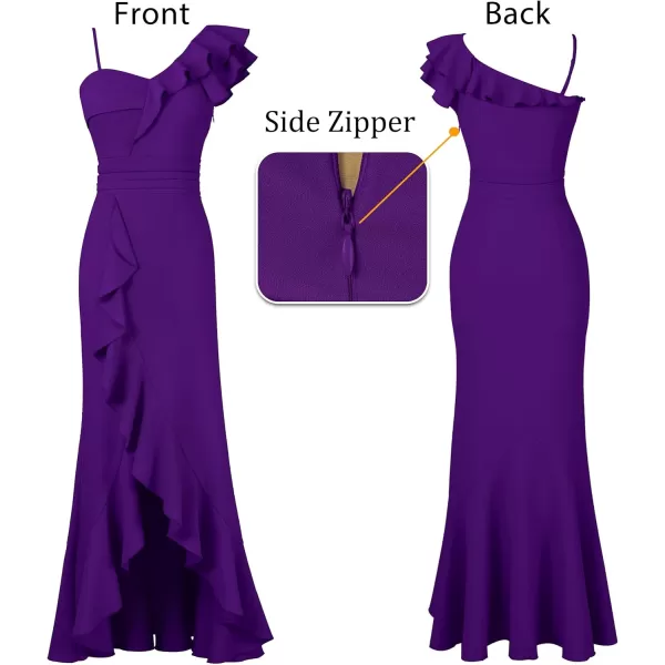 VFSHOW Womens Formal Prom One Shoulder Strap Ruched Ruffle Split Maxi Dress 2023 Sexy V Neck Wedding Guest Evening Long GownSolid Purple