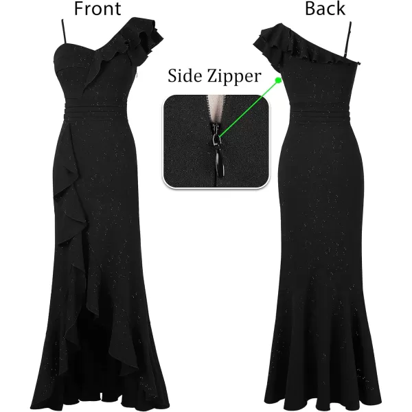 VFSHOW Womens Formal Prom One Shoulder Strap Ruched Ruffle Split Maxi Dress 2023 Sexy V Neck Wedding Guest Evening Long GownSparkly Black