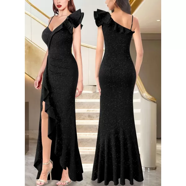 VFSHOW Womens Formal Prom One Shoulder Strap Ruched Ruffle Split Maxi Dress 2023 Sexy V Neck Wedding Guest Evening Long GownSparkly Blackb