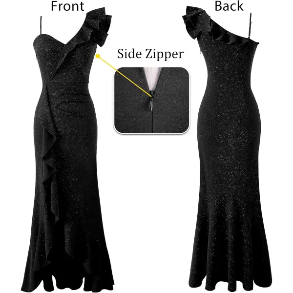 VFSHOW Womens Formal Prom One Shoulder Strap Ruched Ruffle Split Maxi Dress 2023 Sexy V Neck Wedding Guest Evening Long GownSparkly Blackb