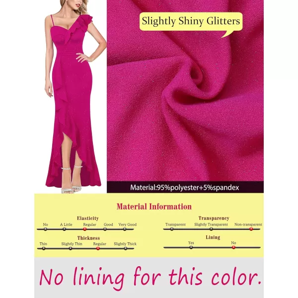 VFSHOW Womens Formal Prom One Shoulder Strap Ruched Ruffle Split Maxi Dress 2023 Sexy V Neck Wedding Guest Evening Long GownSparkly Hot Pink