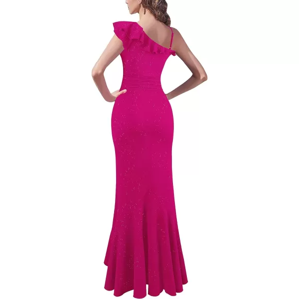 VFSHOW Womens Formal Prom One Shoulder Strap Ruched Ruffle Split Maxi Dress 2023 Sexy V Neck Wedding Guest Evening Long GownSparkly Hot Pink