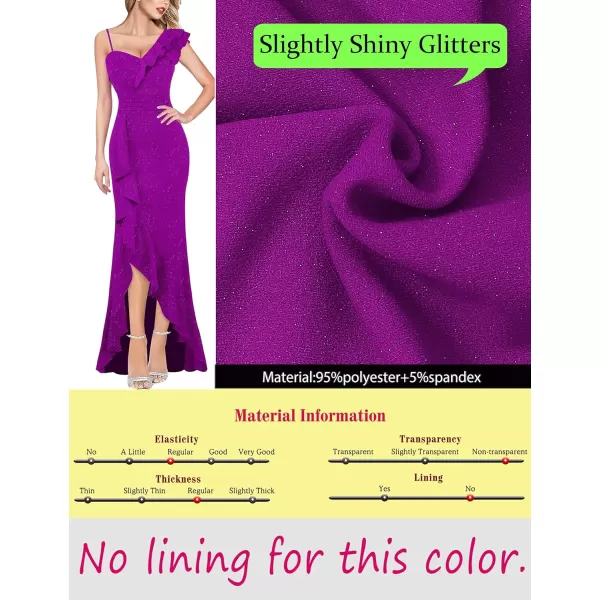 VFSHOW Womens Formal Prom One Shoulder Strap Ruched Ruffle Split Maxi Dress 2023 Sexy V Neck Wedding Guest Evening Long GownSparkly Purple