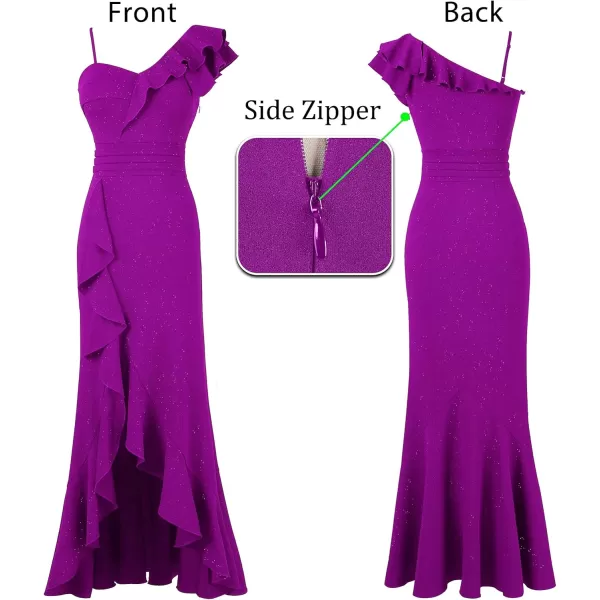 VFSHOW Womens Formal Prom One Shoulder Strap Ruched Ruffle Split Maxi Dress 2023 Sexy V Neck Wedding Guest Evening Long GownSparkly Purple