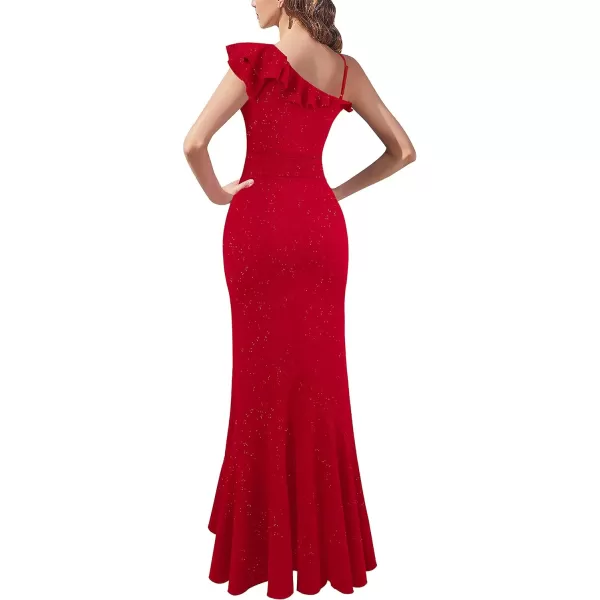 VFSHOW Womens Formal Prom One Shoulder Strap Ruched Ruffle Split Maxi Dress 2023 Sexy V Neck Wedding Guest Evening Long GownSparkly Red