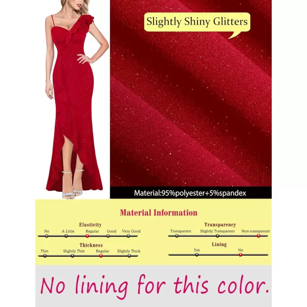 VFSHOW Womens Formal Prom One Shoulder Strap Ruched Ruffle Split Maxi Dress 2023 Sexy V Neck Wedding Guest Evening Long GownSparkly Red