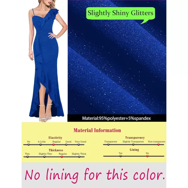 VFSHOW Womens Formal Prom One Shoulder Strap Ruched Ruffle Split Maxi Dress 2023 Sexy V Neck Wedding Guest Evening Long GownSparkly Royal Blue