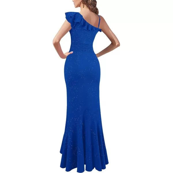 VFSHOW Womens Formal Prom One Shoulder Strap Ruched Ruffle Split Maxi Dress 2023 Sexy V Neck Wedding Guest Evening Long GownSparkly Royal Blue