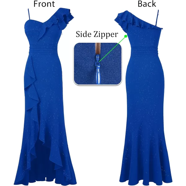 VFSHOW Womens Formal Prom One Shoulder Strap Ruched Ruffle Split Maxi Dress 2023 Sexy V Neck Wedding Guest Evening Long GownSparkly Royal Blue